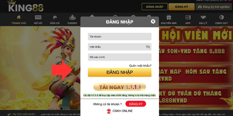 Điền thông tin đăng nhập King88